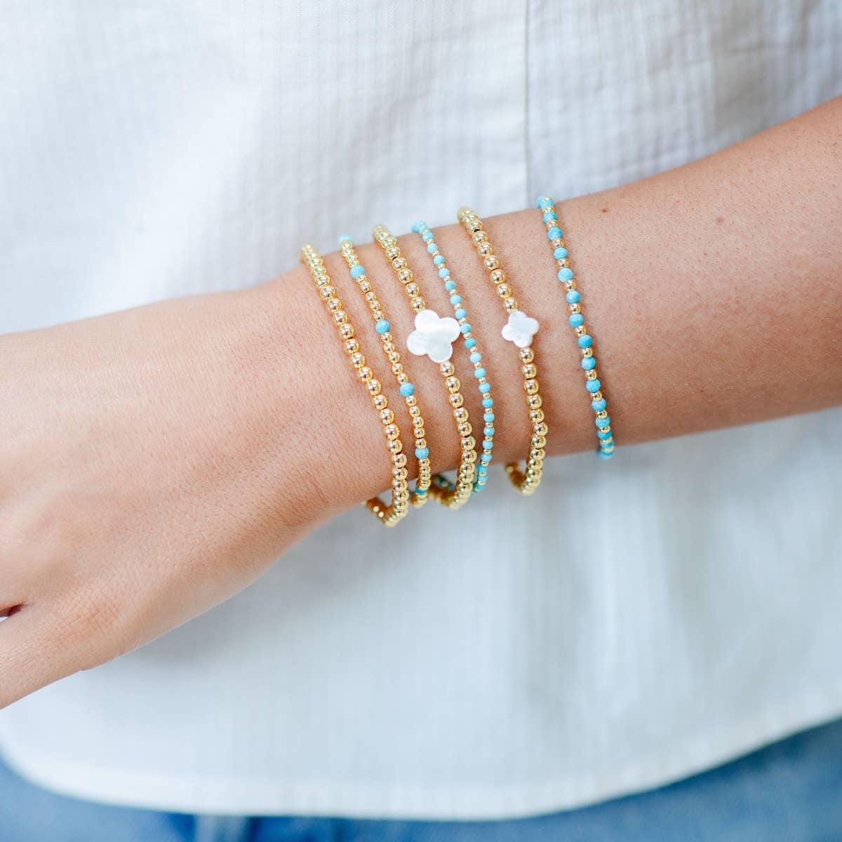 Turquoise Stone And Beaded Stretch Bracelet