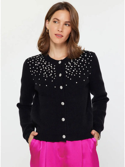 Crystal Beaded Detail Cardigan - Black