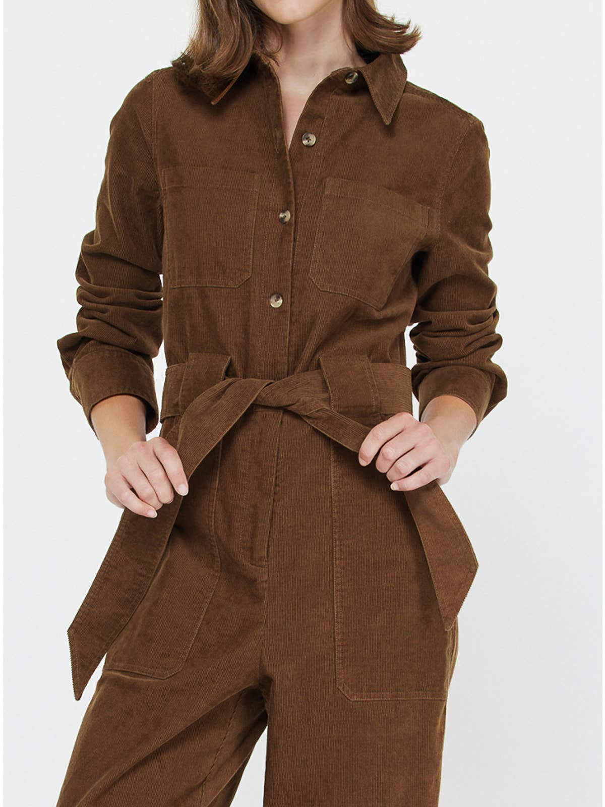 Brown Corduroy Long Sleeve Jumpsuit