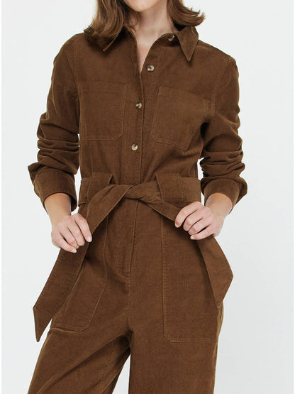 Brown Corduroy Long Sleeve Jumpsuit