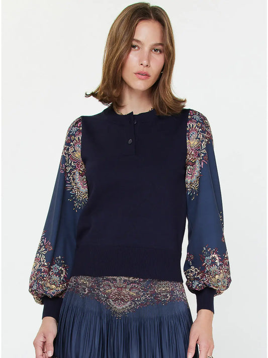 Paisley Printed Woven Combo Sweater