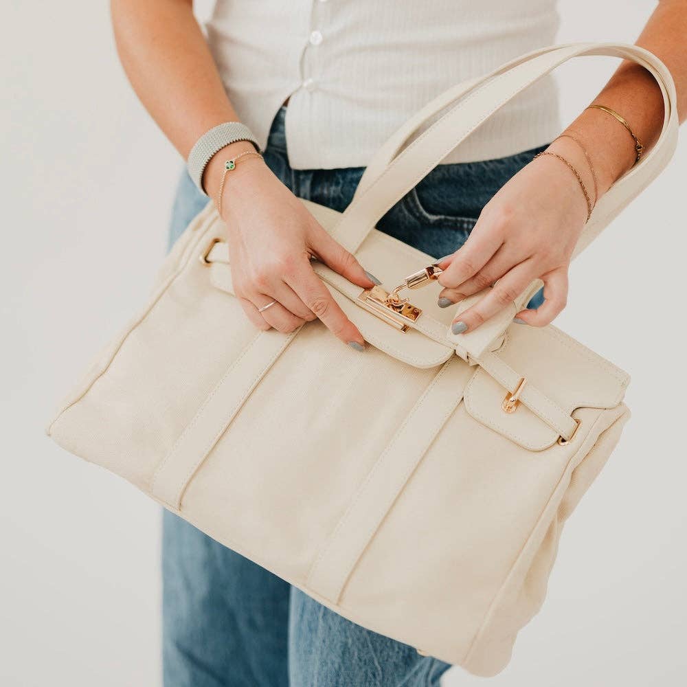 Cream Canvas and Vegan Leather Tote: Cream