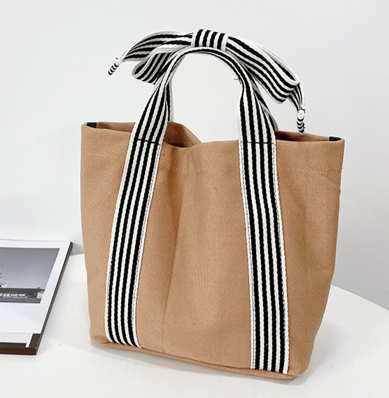 Khaki Striped Canvas Tote Bag