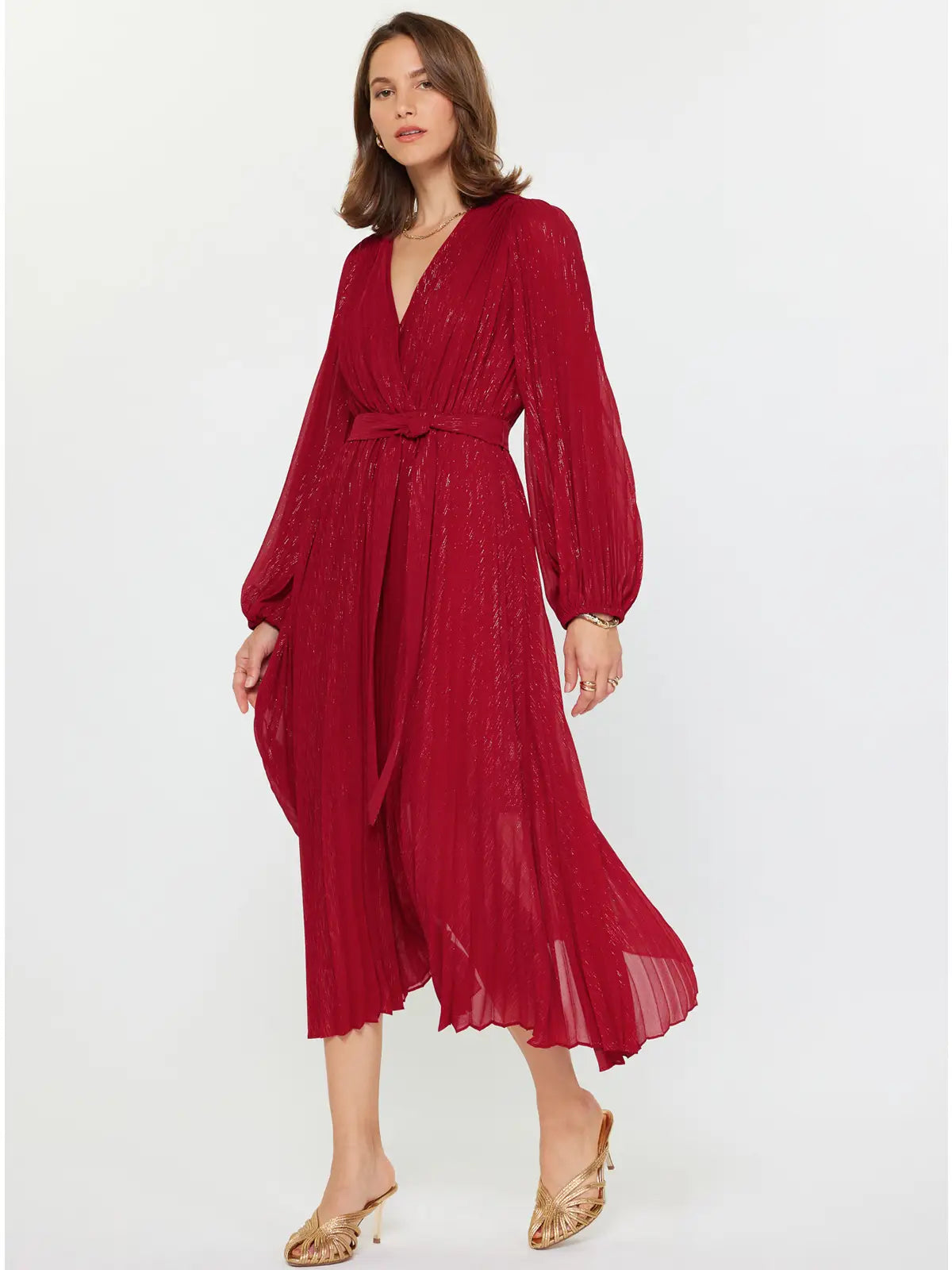 Pleated Surplice V-Neck Maxi Dress