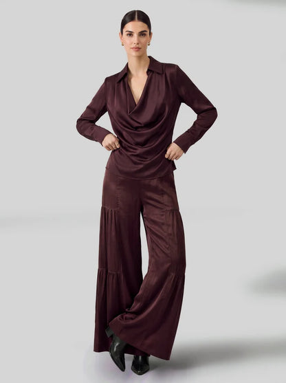Burgundy Collared Draped Neck Blouse