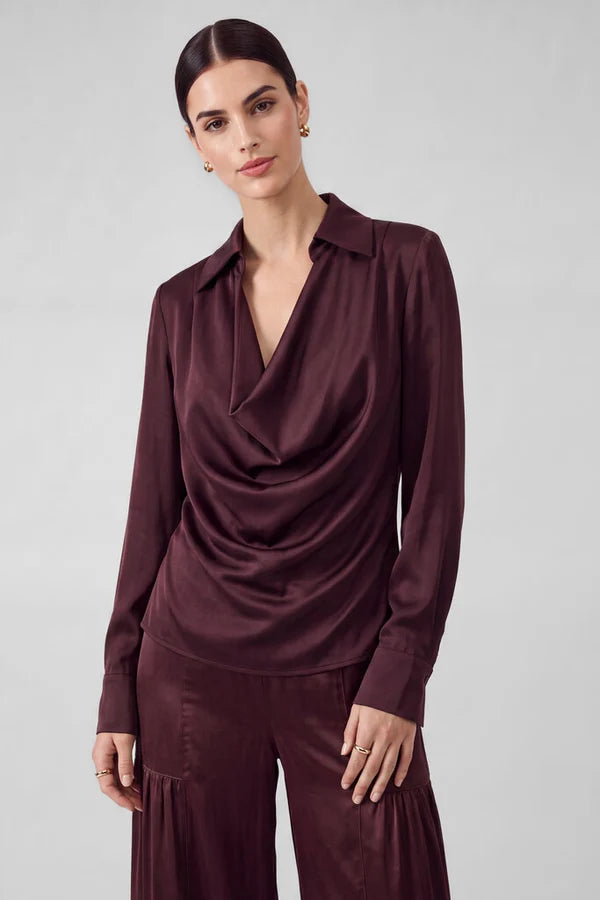 Burgundy Collared Draped Neck Blouse