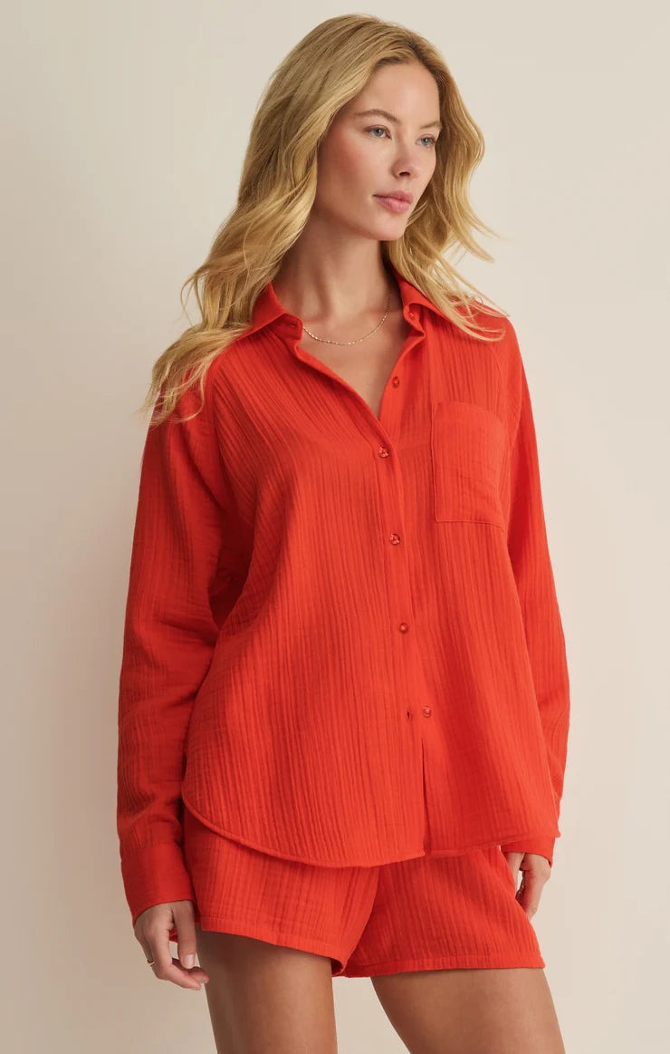 Perfect Airy Gauze Button Up - Lychee Red