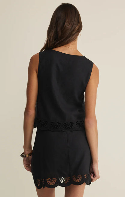 Charlene Shell Emboidery Top- Black Linen
