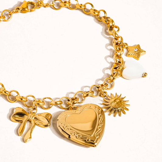 Eydn 18K Non-Tarnish Heart Locket Charm Bracelet