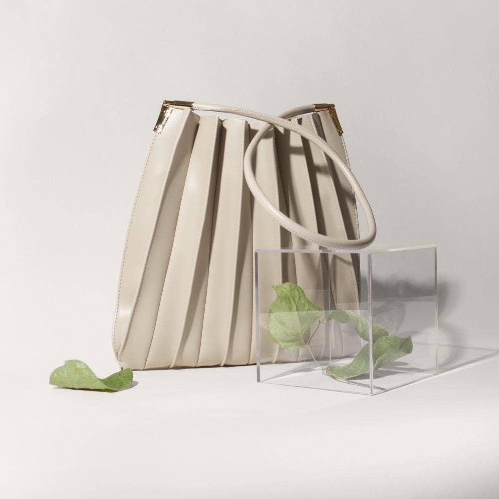 Bone Pleated Vegan Leather Bag