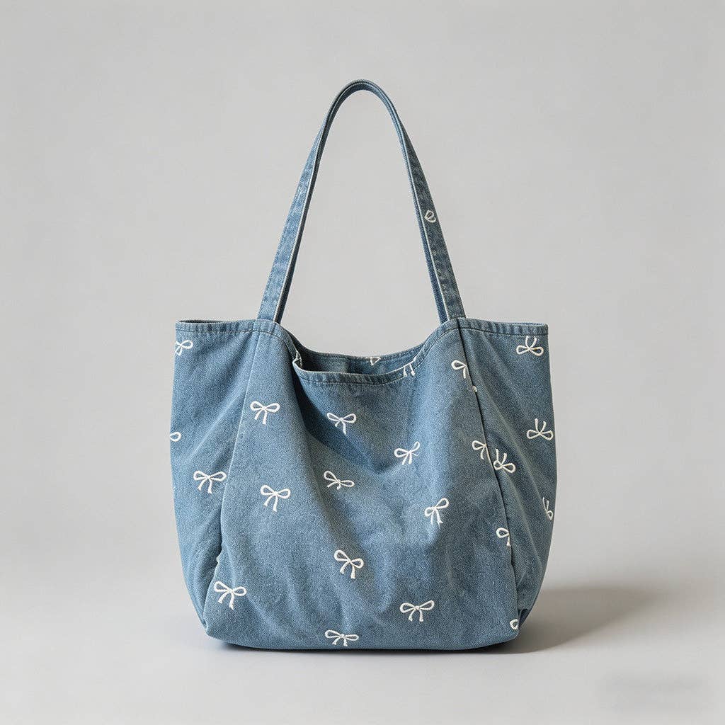 Denim Bow Print Tote Bag