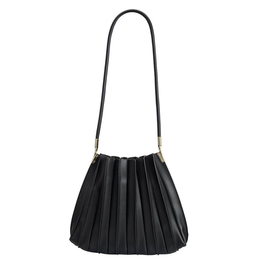 Black Pleated Vegan Leather Shoulder Bag