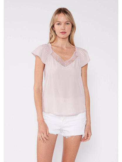 Dusty Pink Lace Trim V Neck Blouse