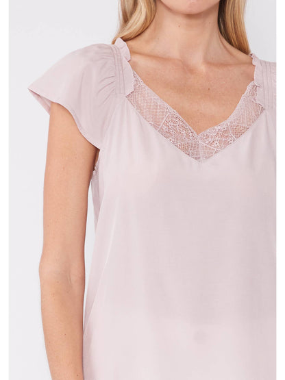 Dusty Pink Lace Trim V Neck Blouse