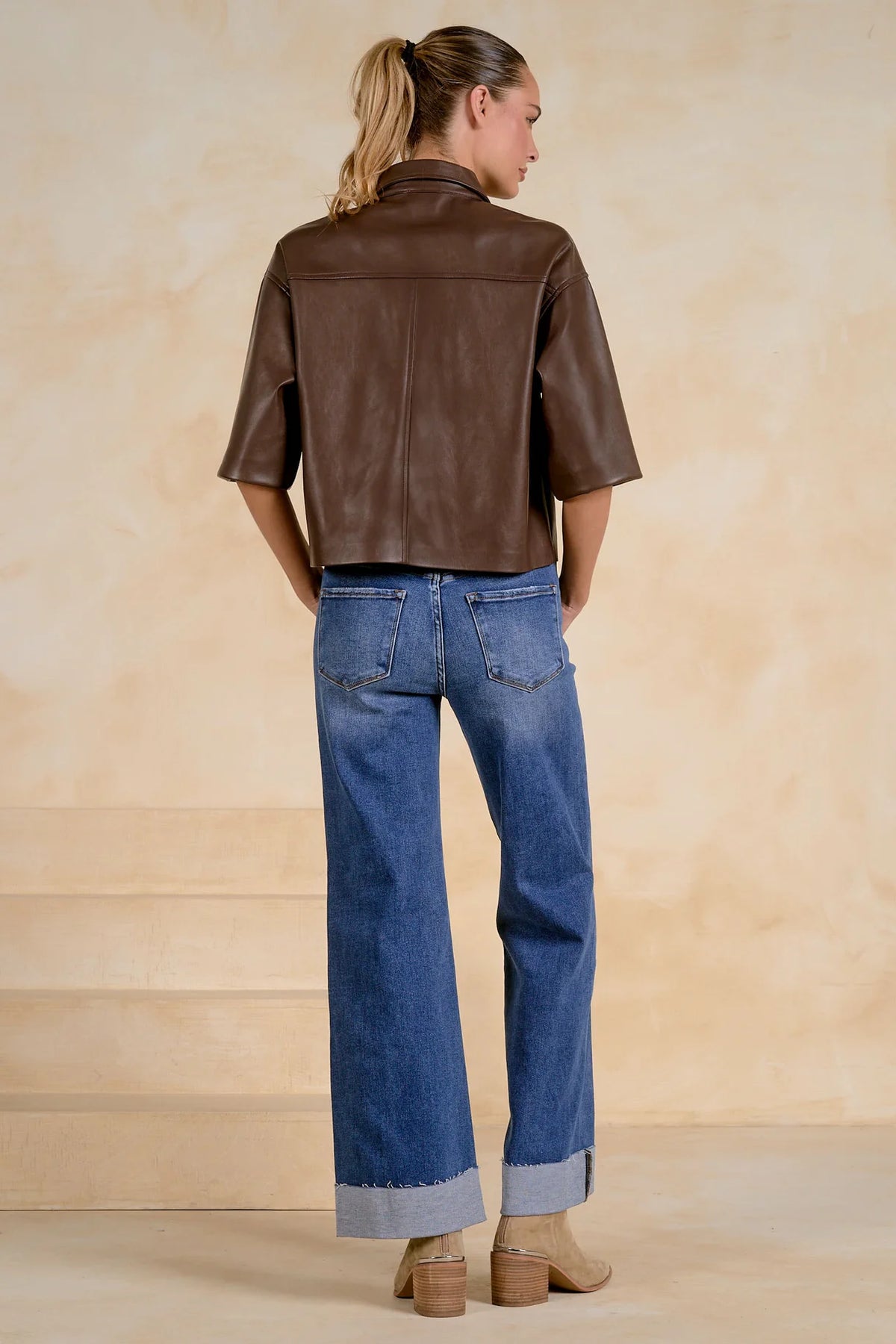 Brown 3/4 Sleeve Vegan Leather Shirt