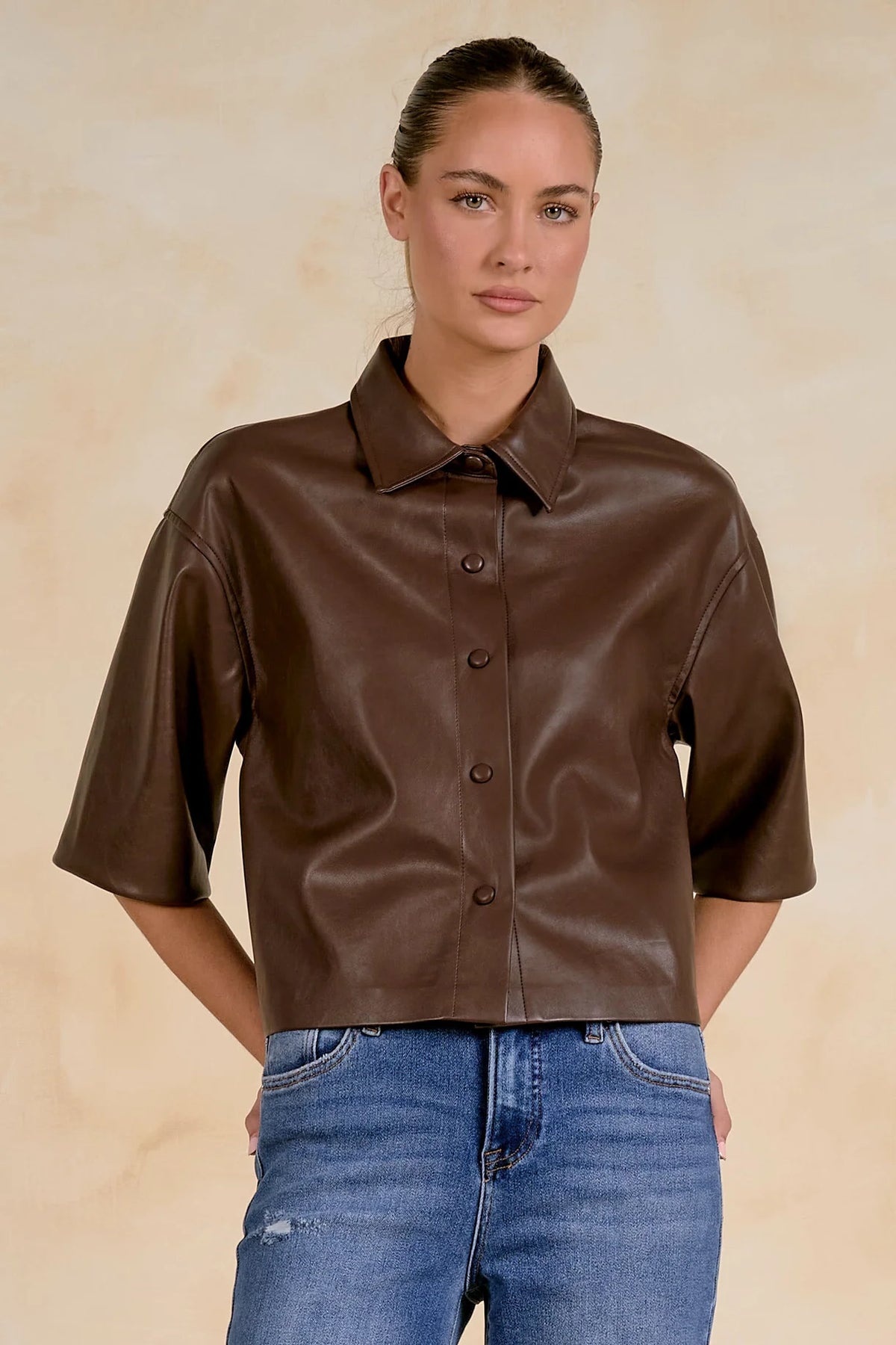 Brown 3/4 Sleeve Vegan Leather Shirt