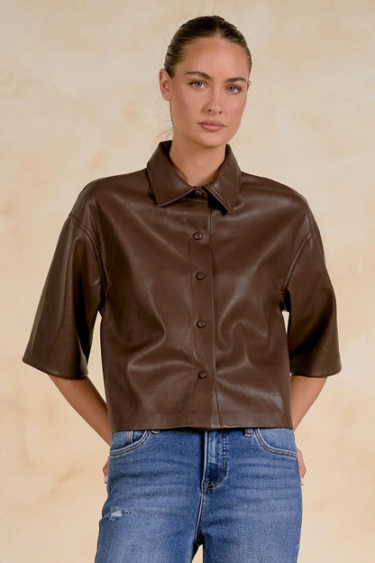 Brown 3/4 Sleeve Vegan Leather Shirt