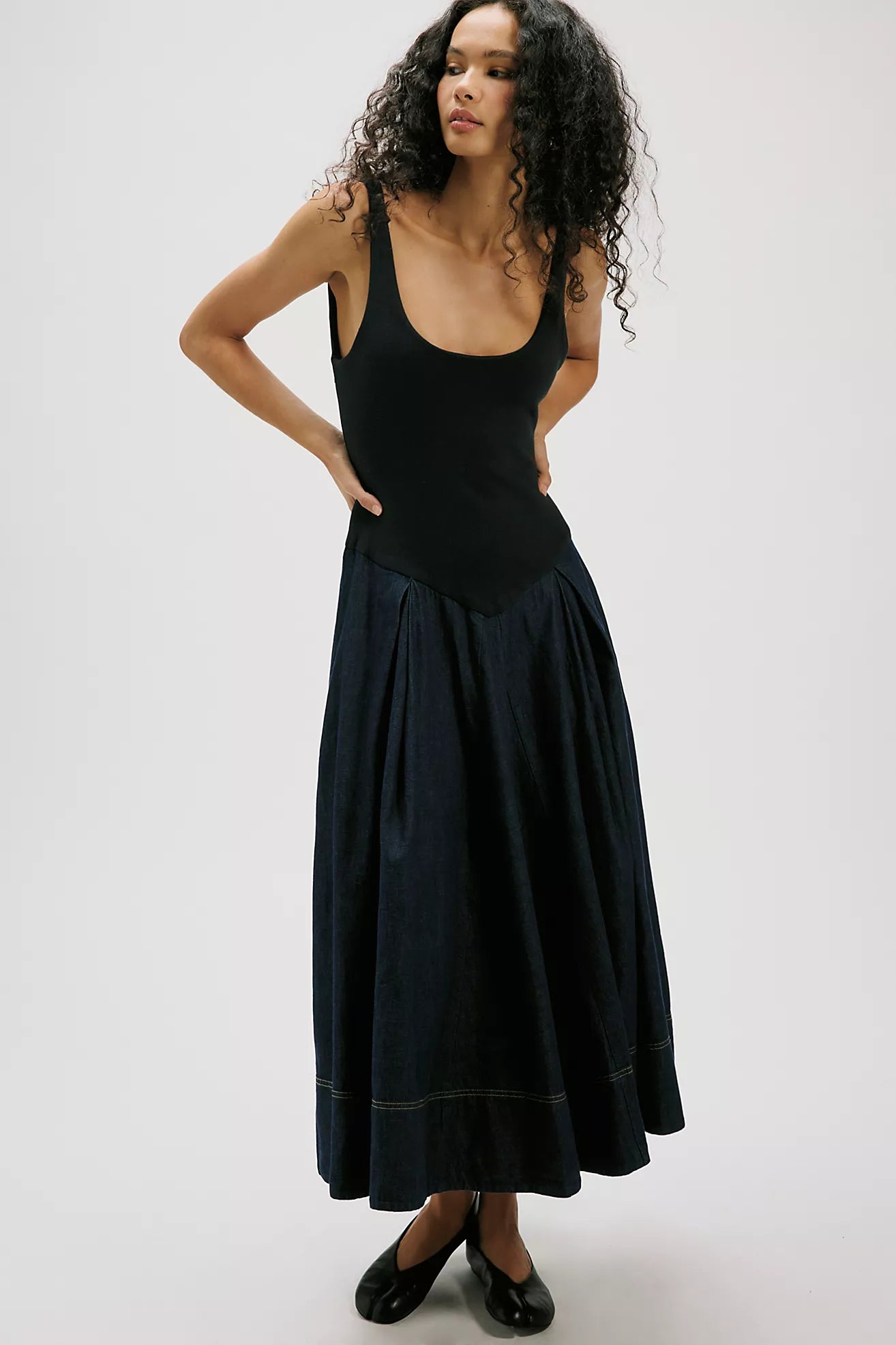 Elio Midi Dress - Black and Denim Combo