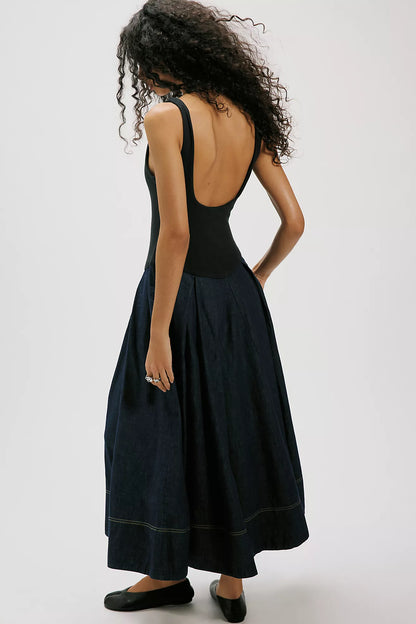 Elio Midi Dress - Black and Denim Combo