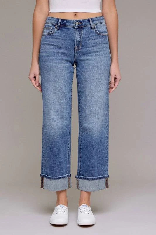 Medium Wash Ella Mid Rise Cuffed Classic Straight Jean
