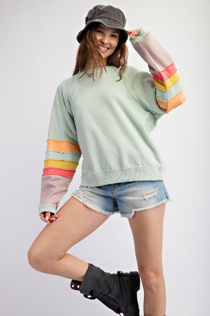 Sage Striped Sleeve Sweatshirt