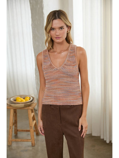 Camel Multicolored Sleeveless V-Neck Sweater