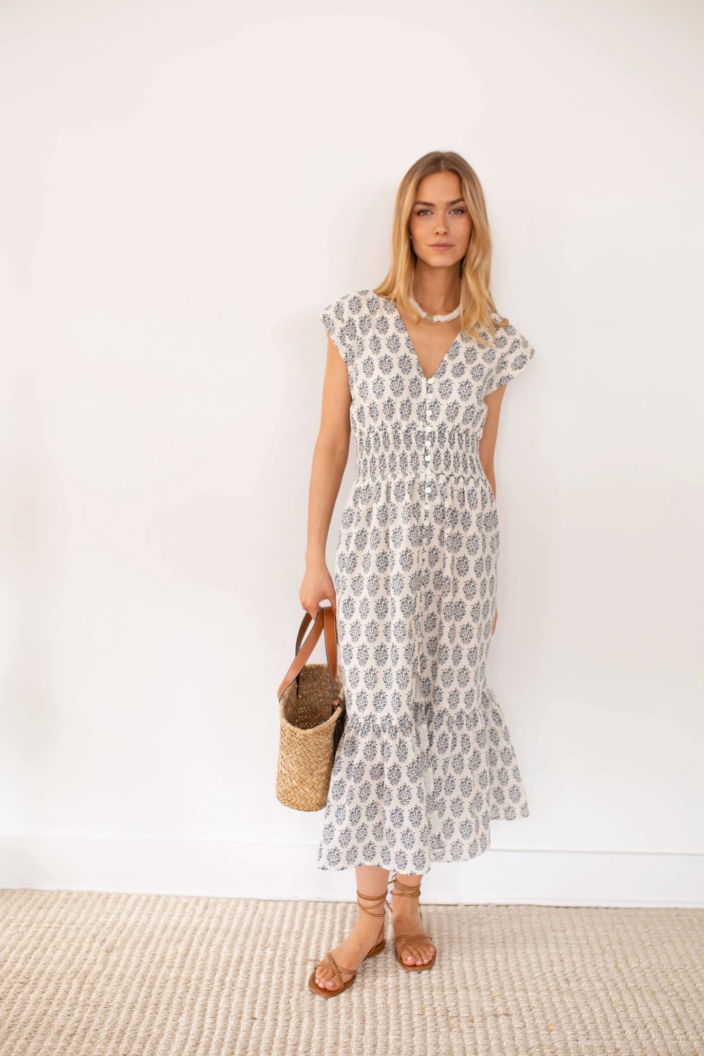 Fiona Dress - Ivory / Indigo Meadow