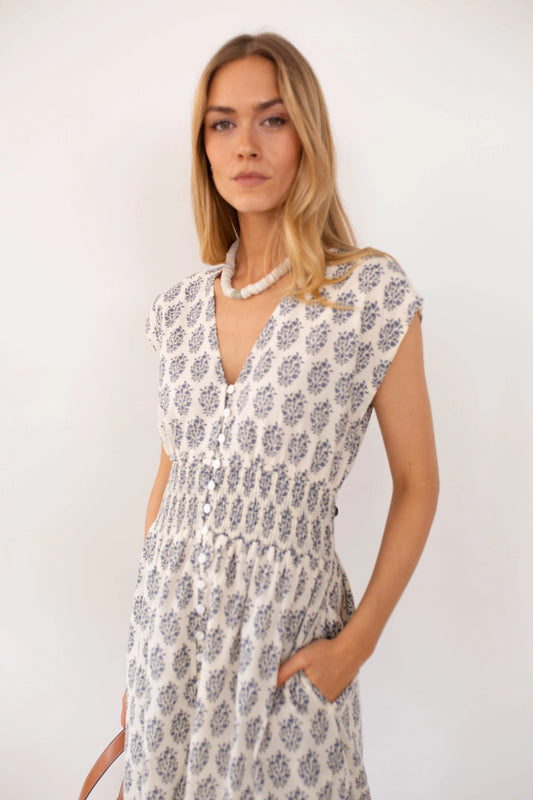 Fiona Dress - Ivory / Indigo Meadow