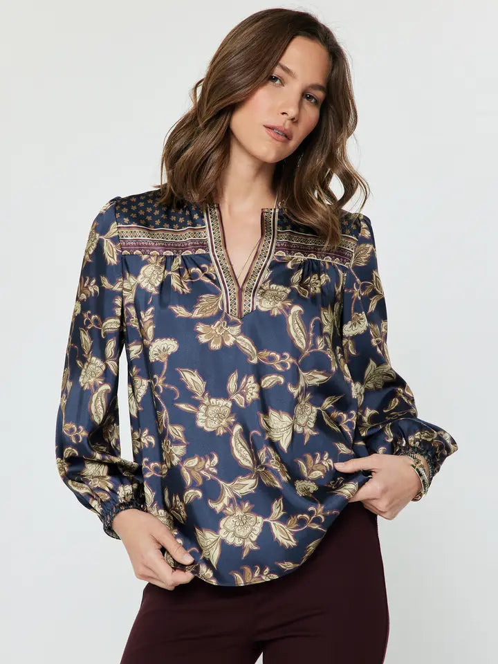 Navy Floral Ruffled Collar Split Neck Blouse
