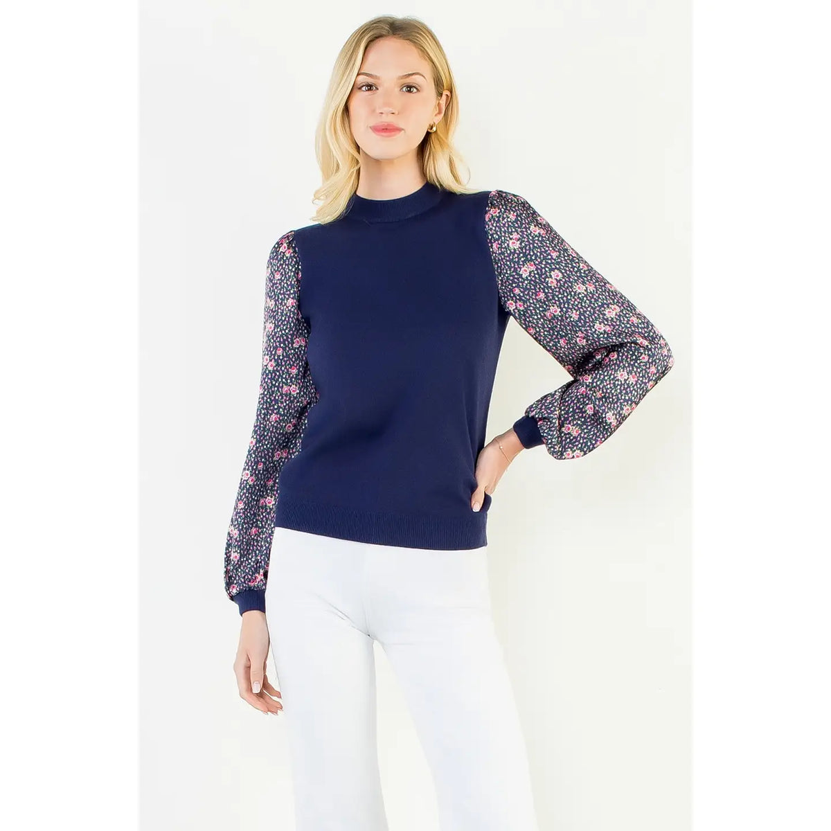 Navy Floral Sleeve Sweater Top