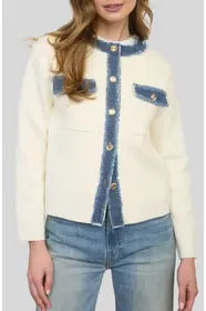 Ivory Sweater With Denim Trim