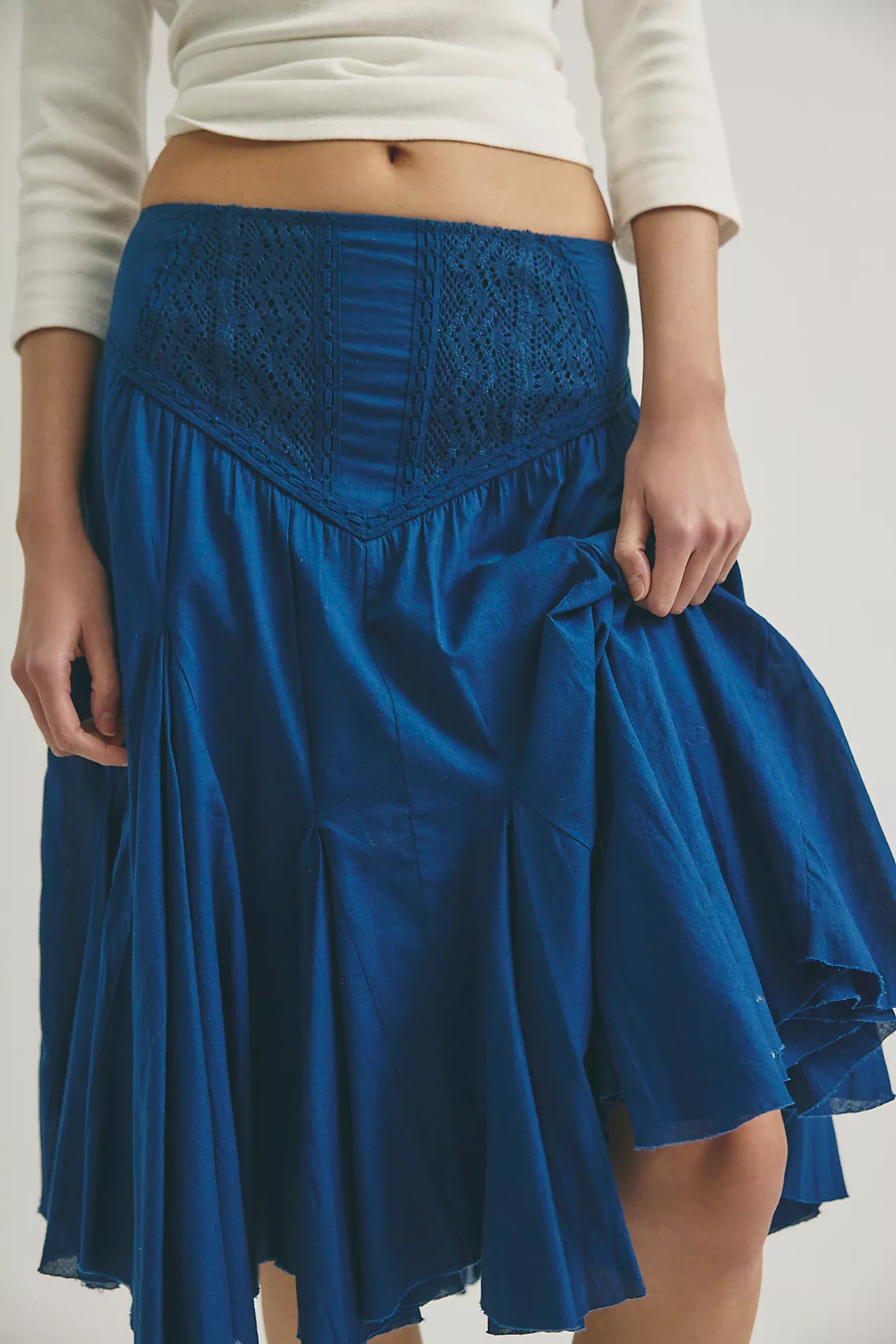 Blue Embroidered Midi Skirt