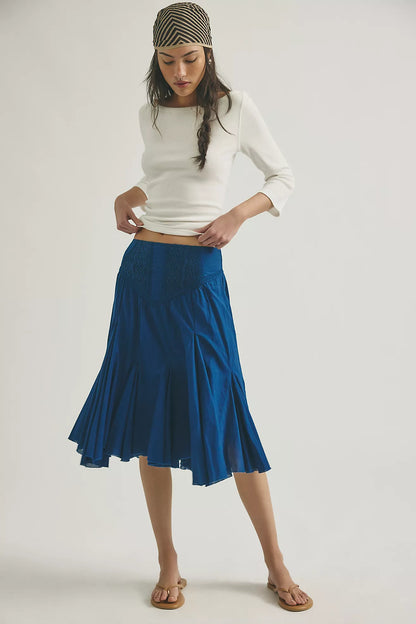 Blue Embroidered Midi Skirt
