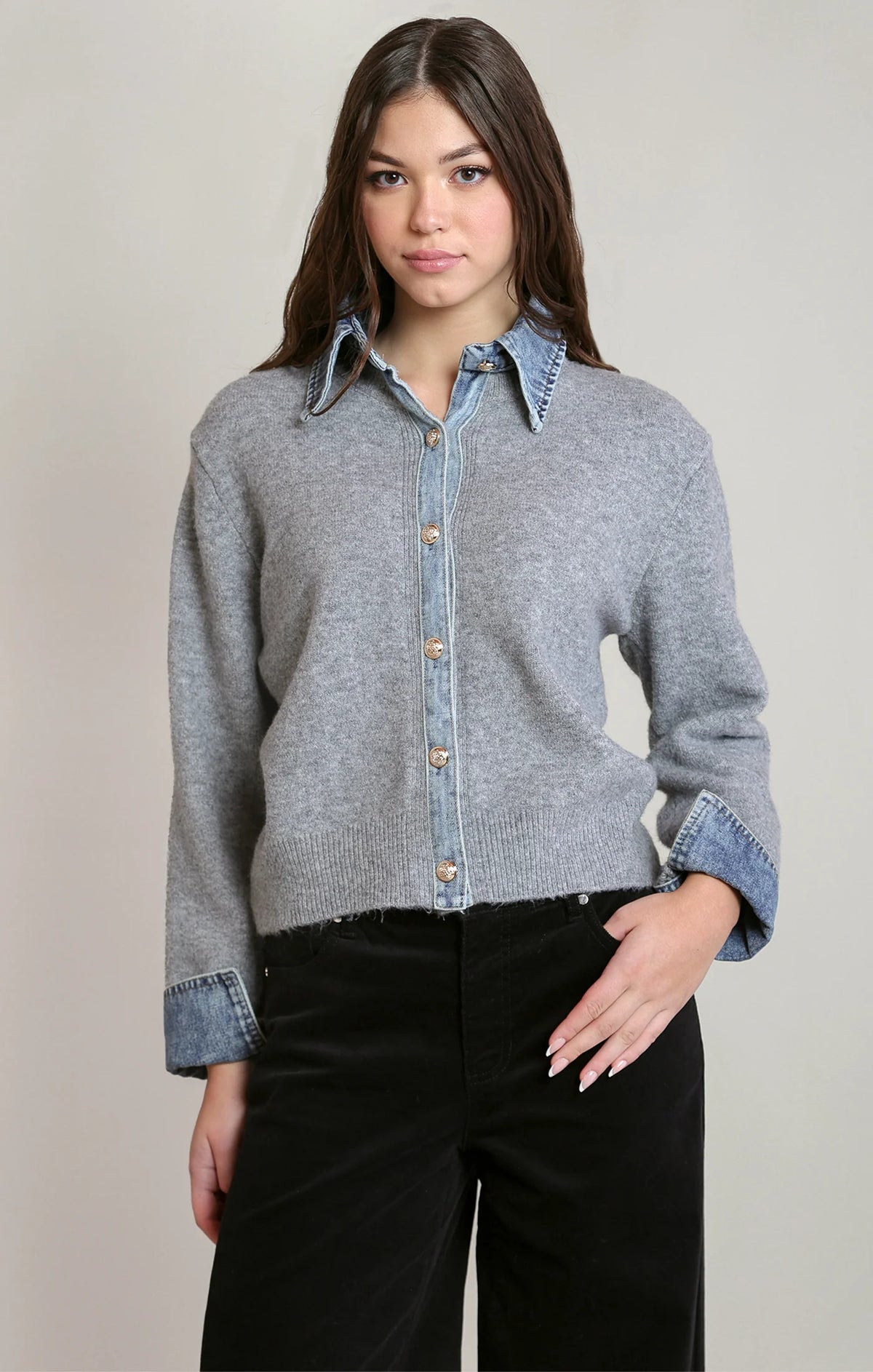 Grey Denim Trim Sweater Shirt