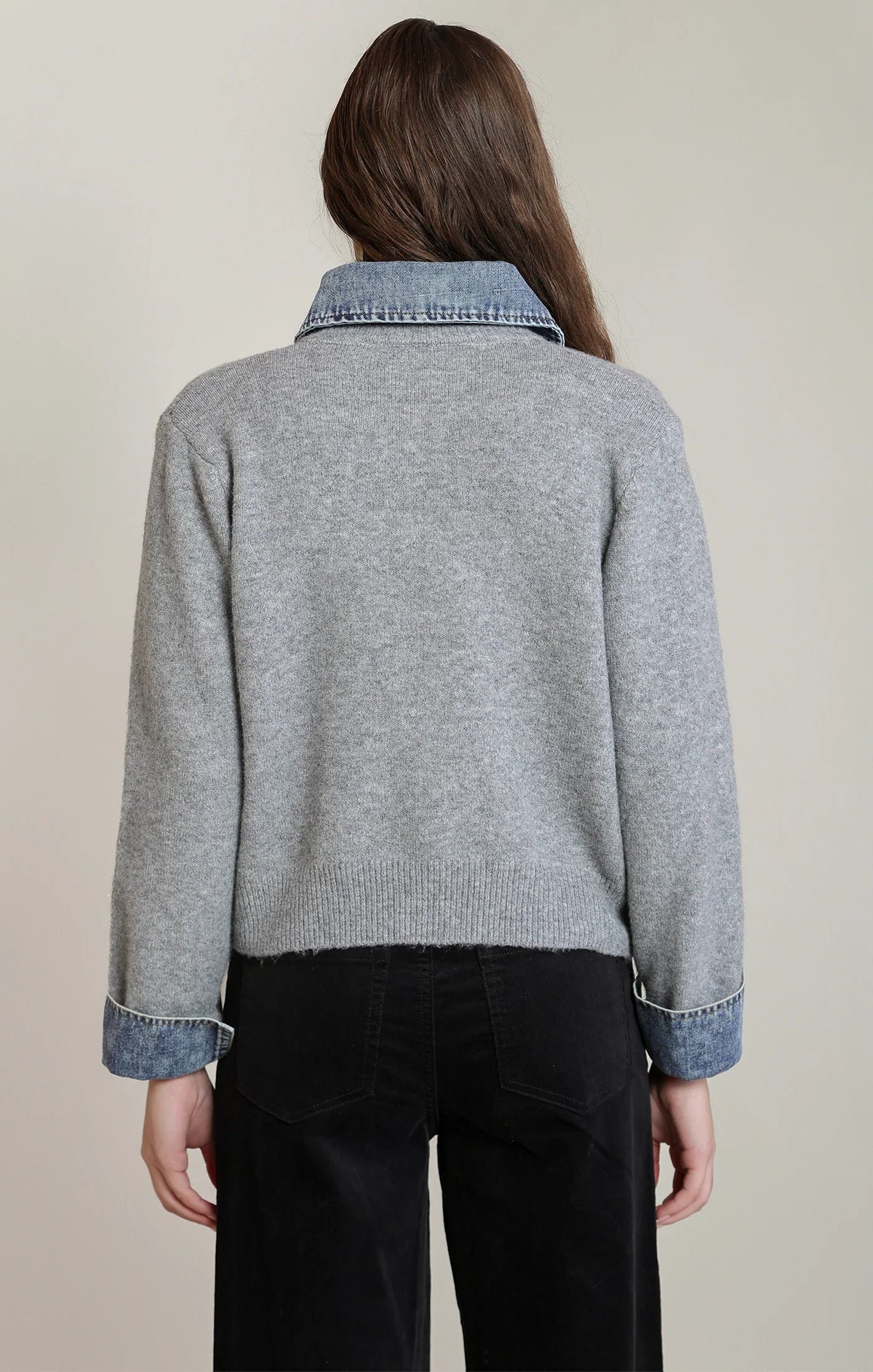 Grey Denim Trim Sweater Shirt