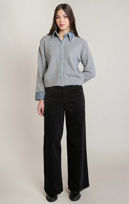 Grey Denim Trim Sweater Shirt