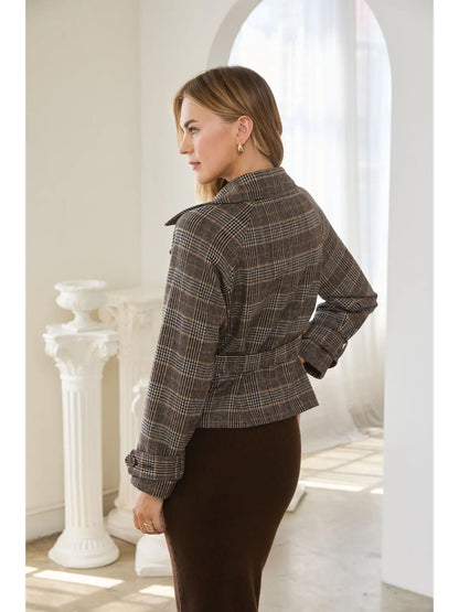 Brown Plaid Short Trench Jacket