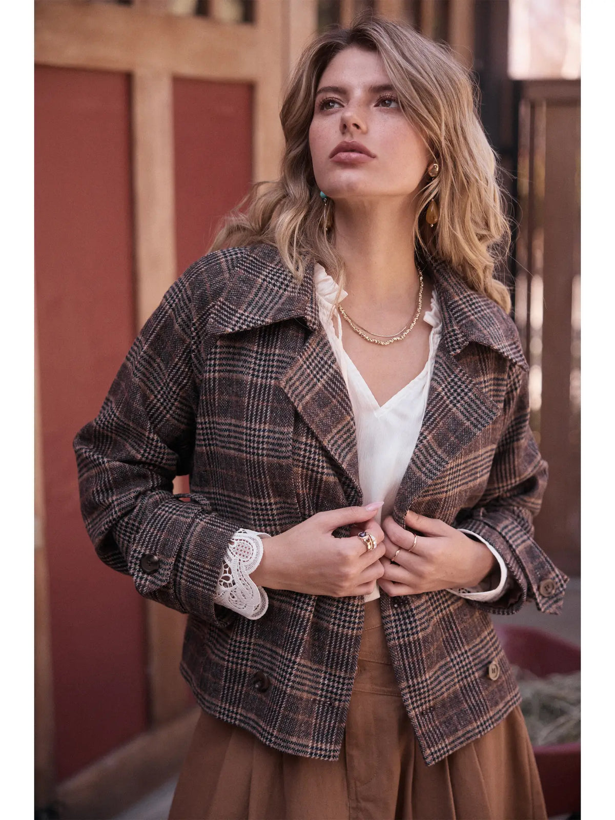 Brown Plaid Short Trench Jacket