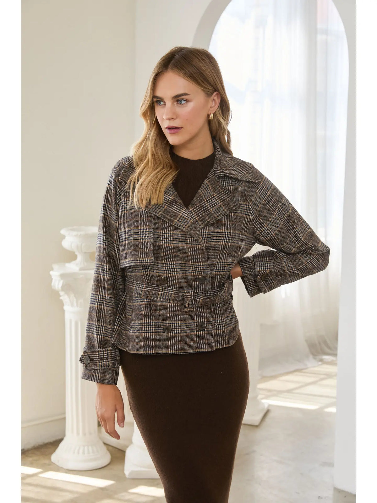 Brown Plaid Short Trench Jacket