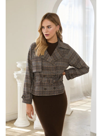 Brown Plaid Short Trench Jacket