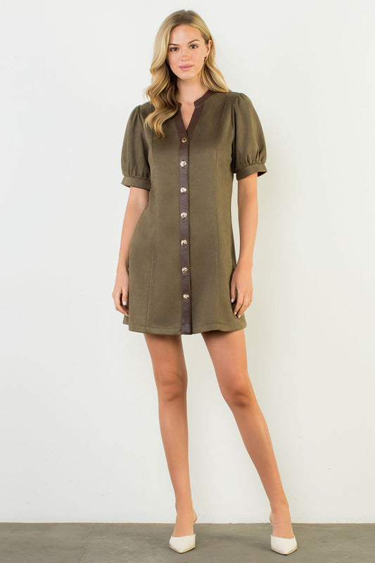 Puff Sleeve V-Neck Button Up Suede Dress