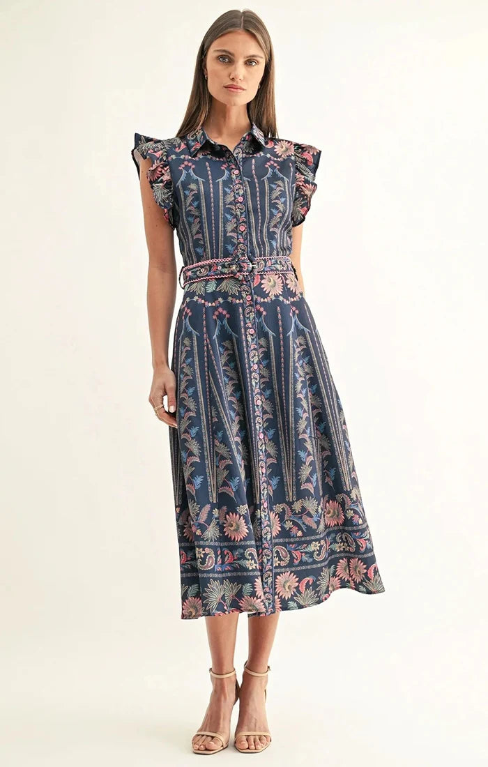 Navy Print Ruffled Sleeve Midi Shirt Dress