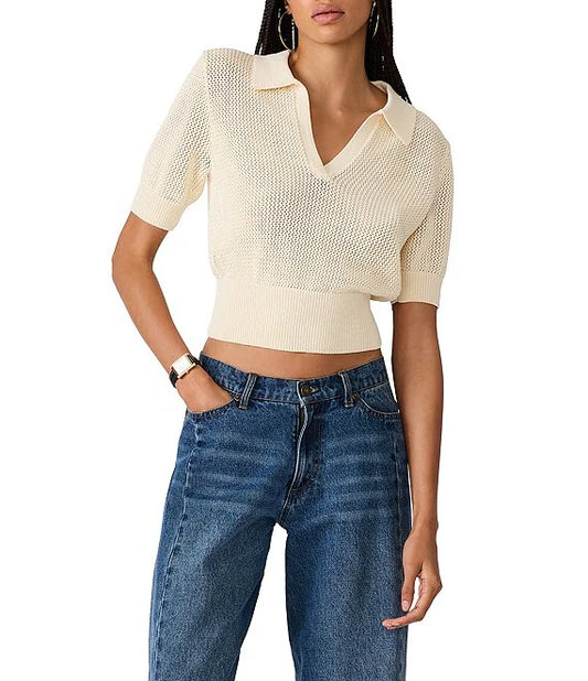 Cream Lark Polo Collar Short Sleeve Sweater
