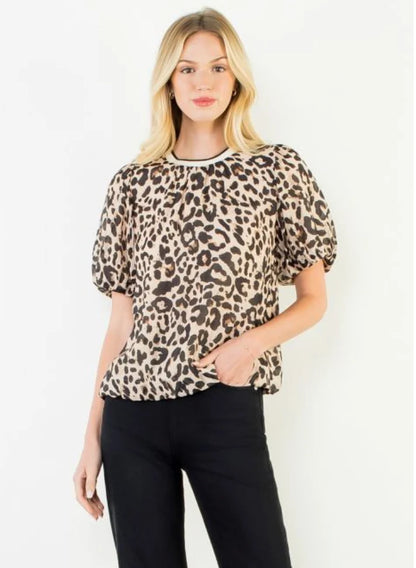 Leopard Flowy Puff Sleeve Blouse