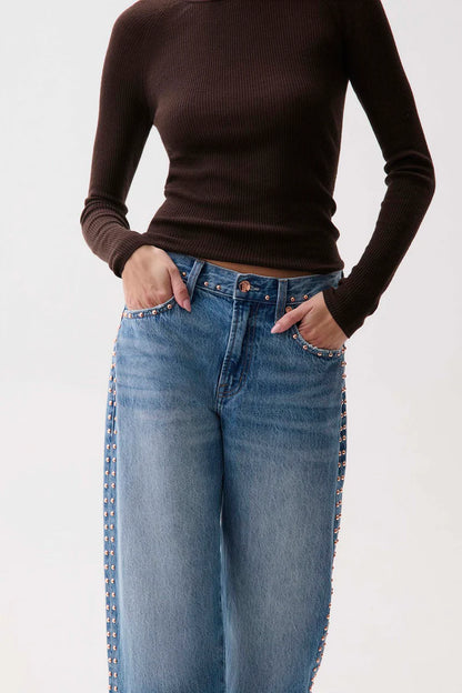 Lexi Star Studded Mid Rise Bowed Jeans