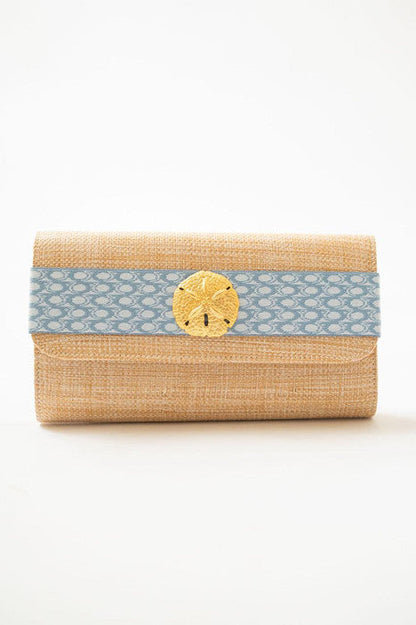 Straw Clutch - Blue Ocean Band with Sand dollar