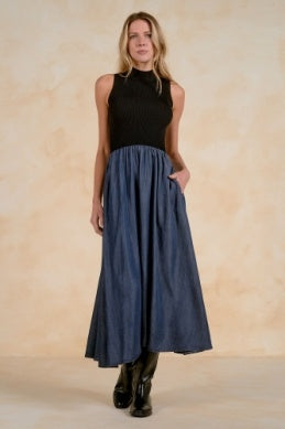 Navy Black Mock Neck Maxi Dress
