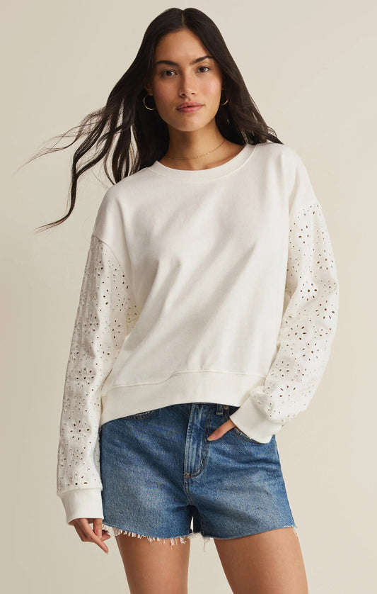 Mosaic Knit Eyelet Sweatshirt - White