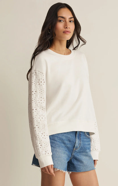 Mosaic Knit Eyelet Sweatshirt - White