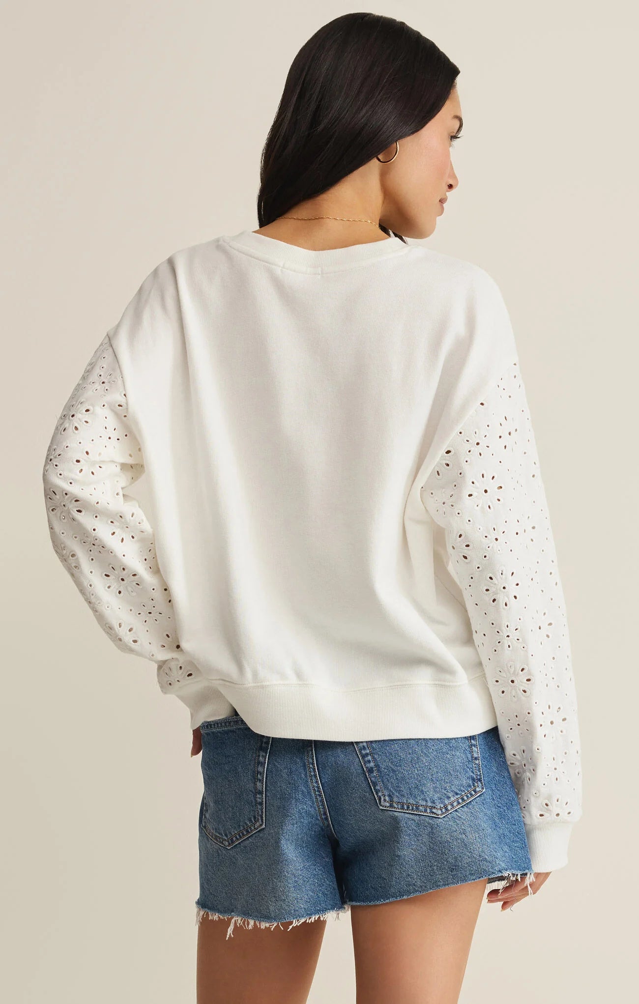 Mosaic Knit Eyelet Sweatshirt - White